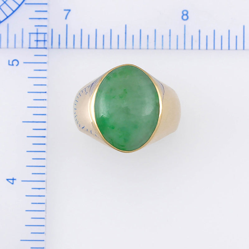 14K Yellow Gold Green Jadeite Jade Gypsy Style Ring for Men and Women | UPC #309661