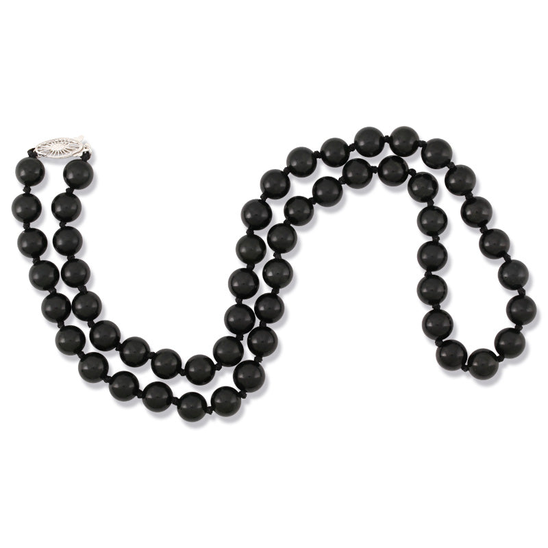 14K White Gold Black Nephrite Jade Bead Necklace | UPC #380073