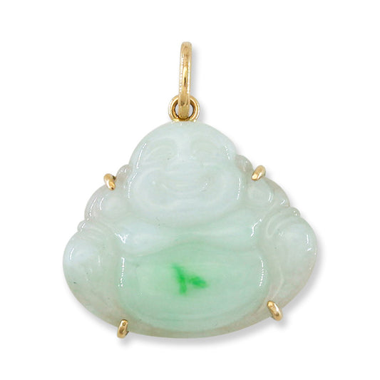14K Yellow Gold White and Green Jadeite Jade Carving | Jade Buddha Pendant | UPC #395480