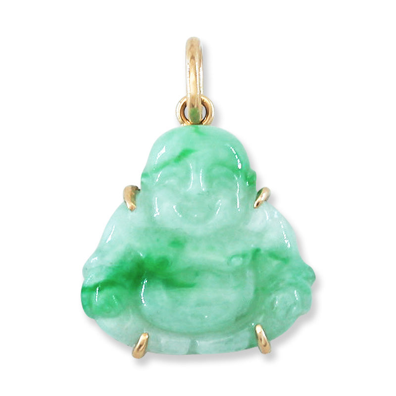 14K Yellow Gold Green and White Jadeite Jade Buddha Carving Pendant | UPC #395497