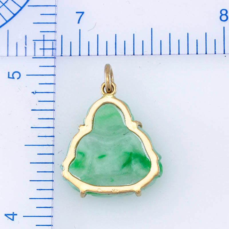 14K Yellow Gold Green and White Jadeite Jade Buddha Carving Pendant | UPC #395497