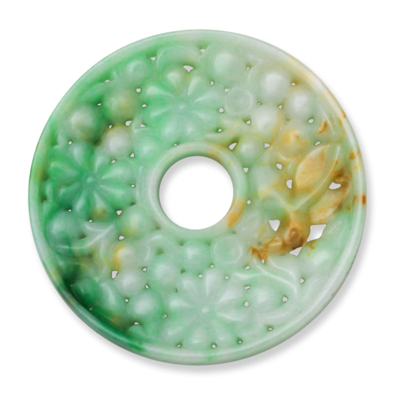 GREEN JADEITE JADE LOOSE CARVED FLORAL PI DISC PENDANT UPC #324947