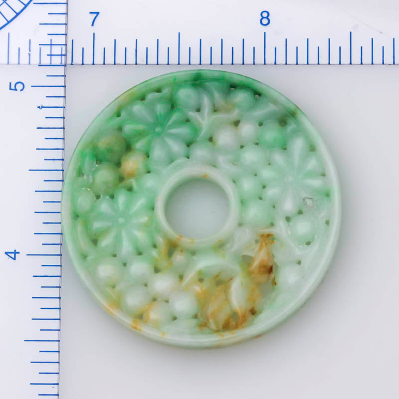 GREEN JADEITE JADE LOOSE CARVED FLORAL PI DISC PENDANT UPC #324947