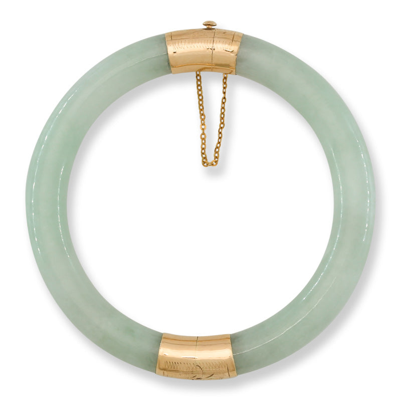 Green Jadeite Jade Cylindrical Hinge & Clasp 14k Yellow Gold Bangle 56.2MM | UPC #092143