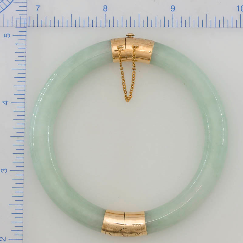 Green Jadeite Jade Cylindrical Hinge & Clasp 14k Yellow Gold Bangle 56.2MM | UPC #092143