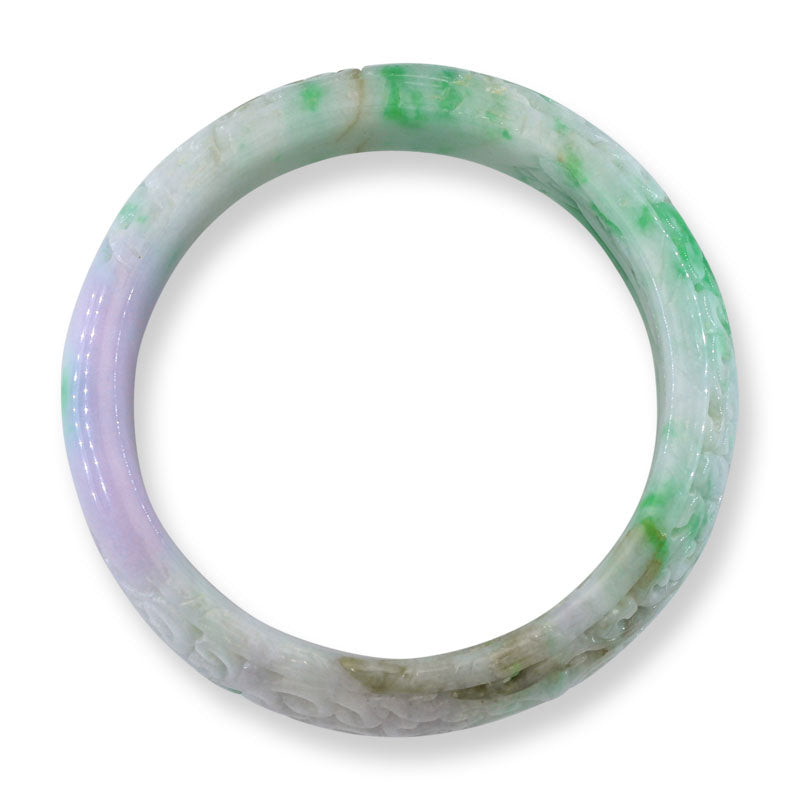 Green and Lavender Jadeite Jade Carved Half Round Cuff Style Bangle 59MM | UPC #281868