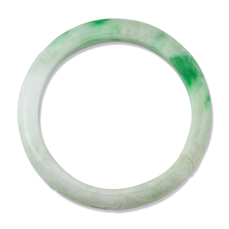 GREEN & WHITE HALF ROUND CARVED JADEITE JADE BANGLE 57.1MM UPC #379046