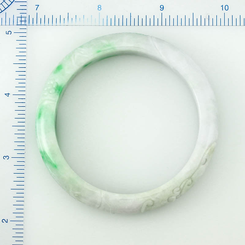 GREEN & WHITE HALF ROUND CARVED JADEITE JADE BANGLE 57.1MM UPC #379046