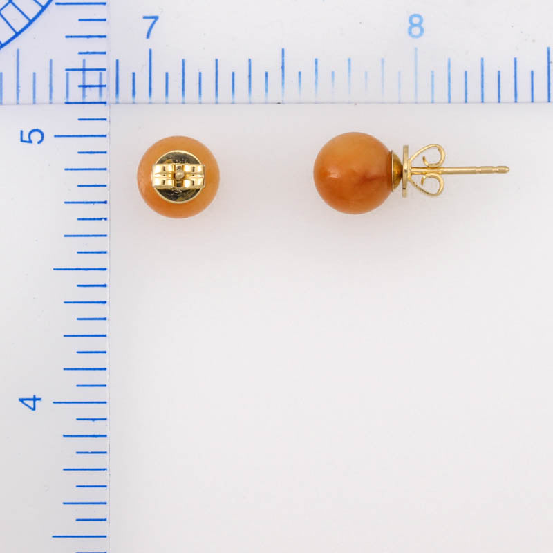 14K YELLOW GOLD RED JADEITE JADE 8MM BALL STUD EARRING UPC #381001