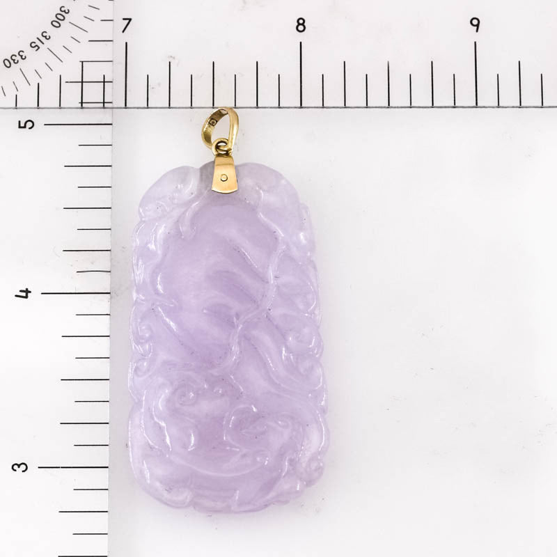 Vintage Lavender Jadeite Jade Ling Zhi Mushroom, Dragon and Deer 14K Yellow Gold Pendant | UPC #404946
