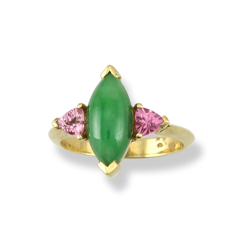 18K YELLOW GOLD GREEN JADEITE JADE & PINK TOURMALINE RING UPC #285521