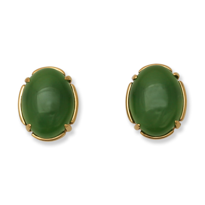 Green Nephrite Jade Oval Stud Earrings in 14K Yellow Gold | UPC #360747