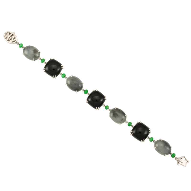 14K WHITE GOLD GREY JADEITE & BLACK NEPHRITE JADE BRACELET UPC #334915