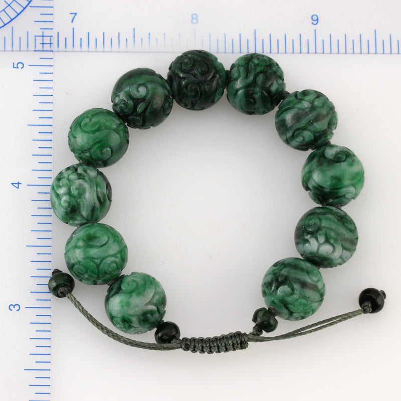 Green Jadeite Jade Carved Bead Bracelet on Adjustable Cord | UPC #378797