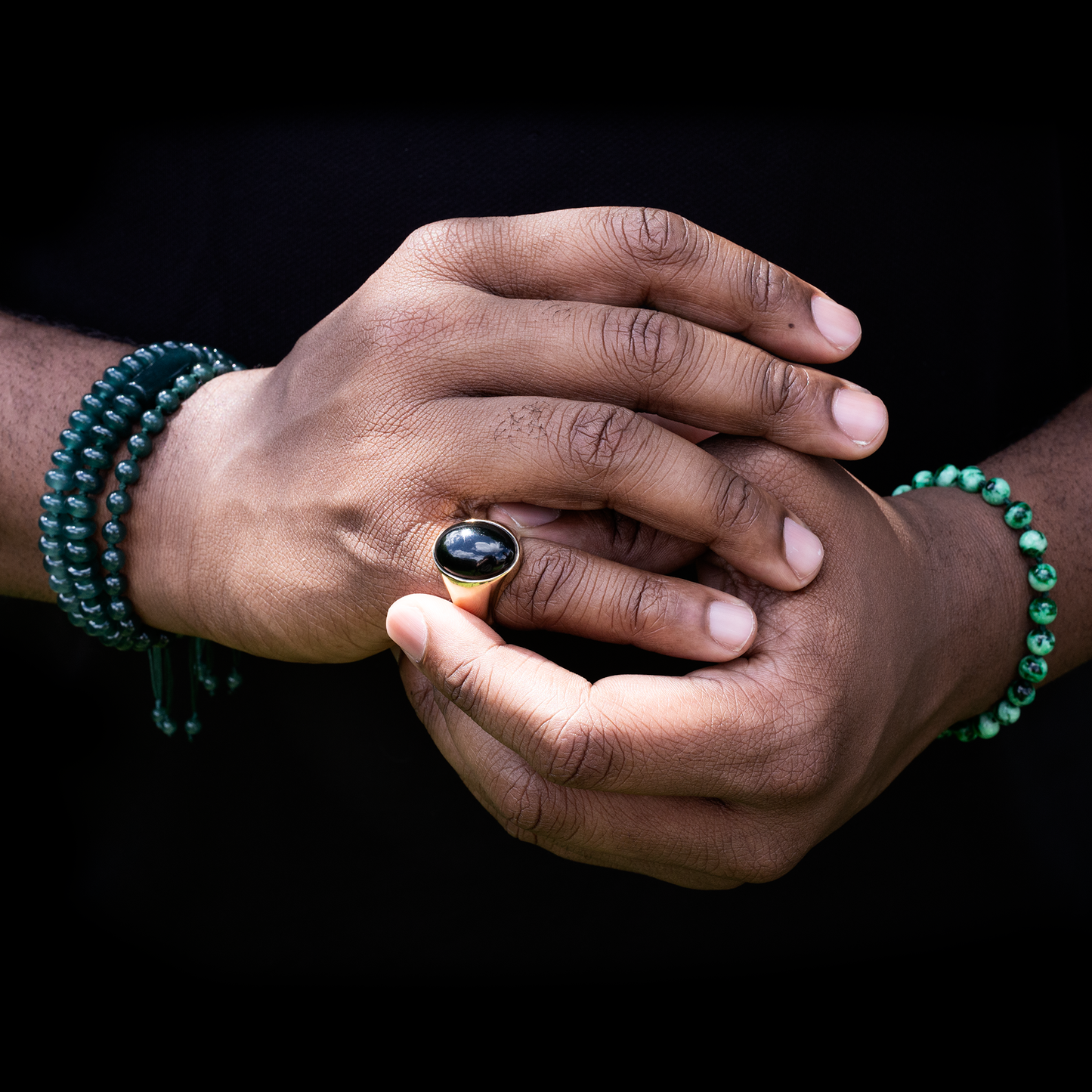 14K Yellow Gold Black Nephrite Jade Gypsy Ring for Men | UPC #373198