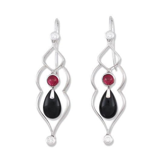 18K White Gold Nephrite Black Jade and Ruby Earrings | UPC #393653