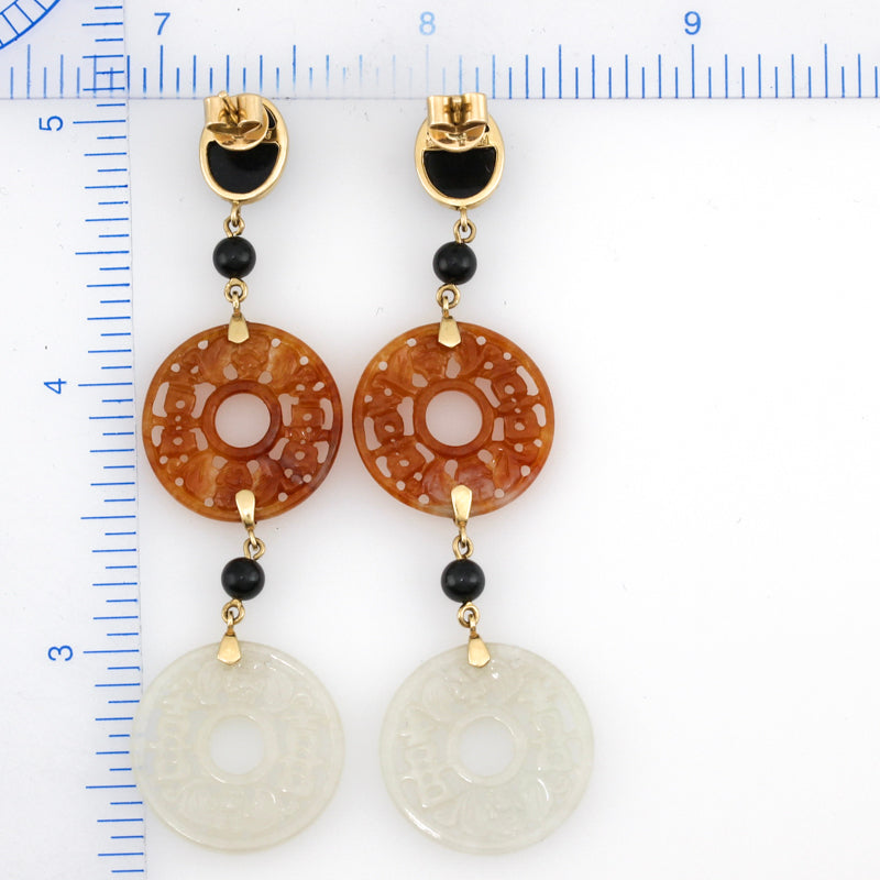 14K YELLOW GOLD RED & ICY WHITE JADEITE JADE DROP EARRING UPC #385061