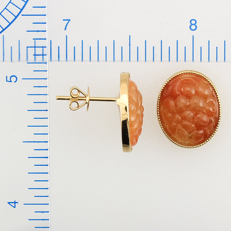 18K YELLOW GOLD RED JADEITE JADE FLORAL CARVED EARRING UPC #344402