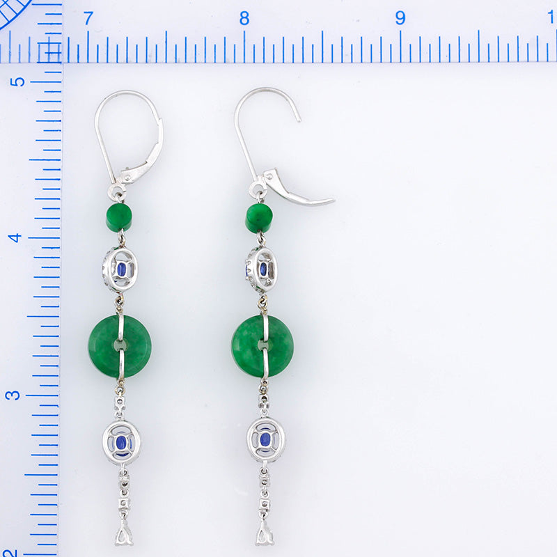 Green Jadeite Jade and Sapphire 18K White Gold Earring UPC #332362