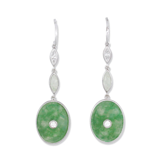 18K White Gold Icy Green Jadeite Jade Oval Drop Earrings for Women | UPC #335547