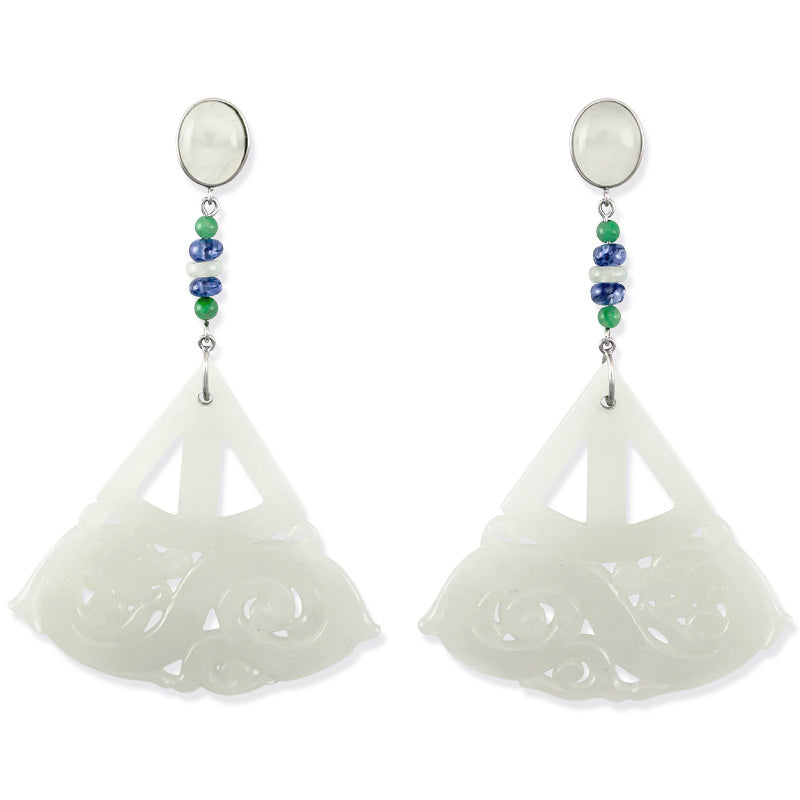 18K White Gold White Jadeite Jade Carved Dragon Earrings | UPC #341050