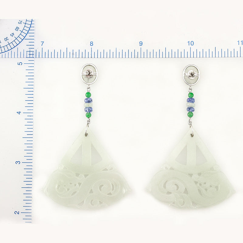 18K White Gold White Jadeite Jade Carved Dragon Earrings | UPC #341050