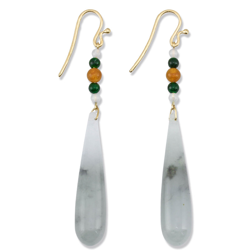 14K Yellow Gold Icy Grey Jadeite Jade Tear Drop Earrings | UPC #358966