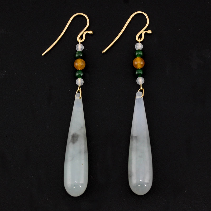 14K Yellow Gold Icy Grey Jadeite Jade Tear Drop Earrings | UPC #358966