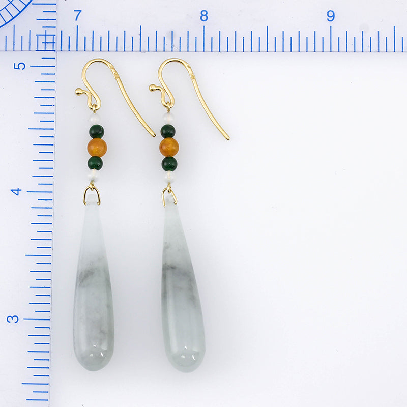 14K Yellow Gold Icy Grey Jadeite Jade Tear Drop Earrings | UPC #358966