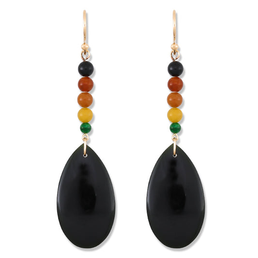 14K Yellow Gold Black Nephrite Jade and Rainbow Jade Tear Drop Earrings | UPC #365957
