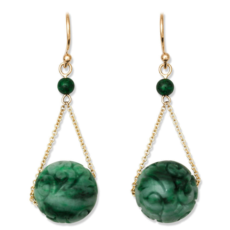 14K YELLOW GOLD GREEN JADEITE JADE CARVED BEAD DROP EARRING UPC #396197