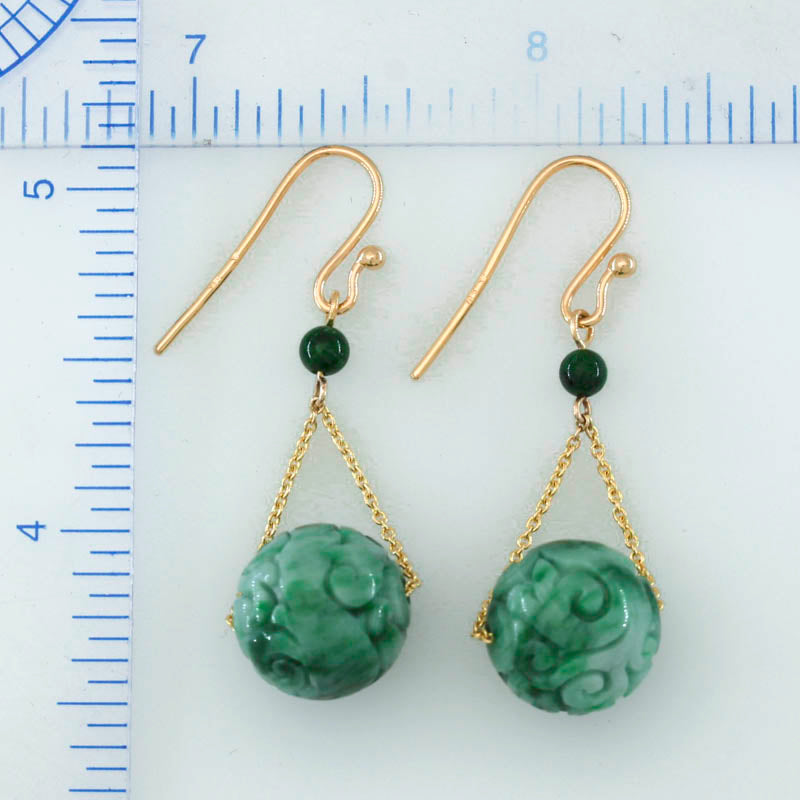 14K YELLOW GOLD GREEN JADEITE JADE CARVED BEAD DROP EARRING UPC #396197