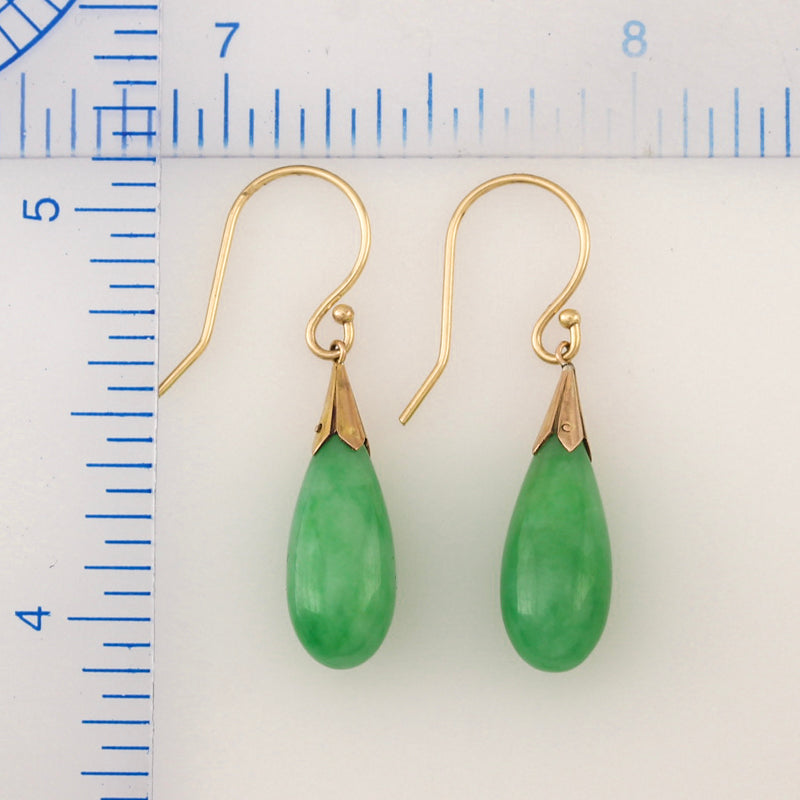 14K Yellow Gold Teardrop-Style Green Jadeite Jade Earrings | UPC #390829