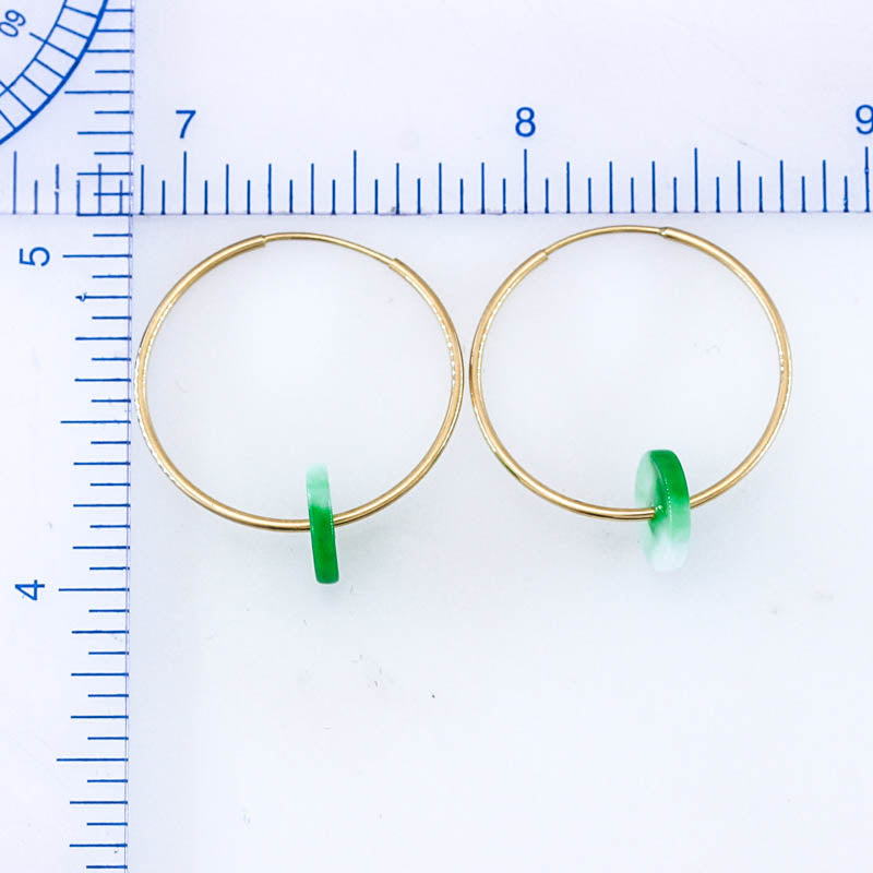 Green & White Jadeite Jade Disc on 14K Yellow Gold Hoop Earring | UPC #401198