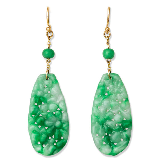 14K YELLOW GOLD GREEN JADEITE JADE CARVED FLORAL DROP EARRING UPC #395589