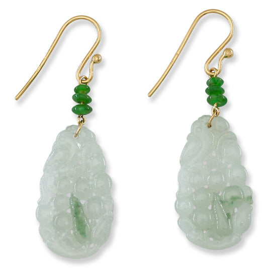 14K Yellow Gold Ice Jadeite Jade Carved Drop Earrings | UPC #395602