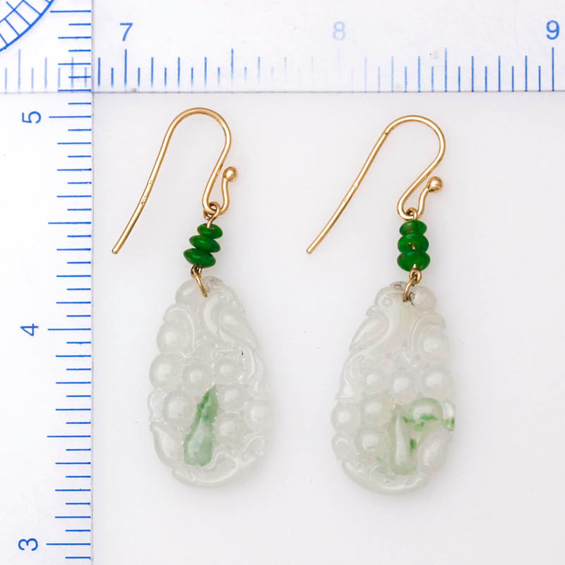 14K Yellow Gold Ice Jadeite Jade Carved Drop Earrings | UPC #395602