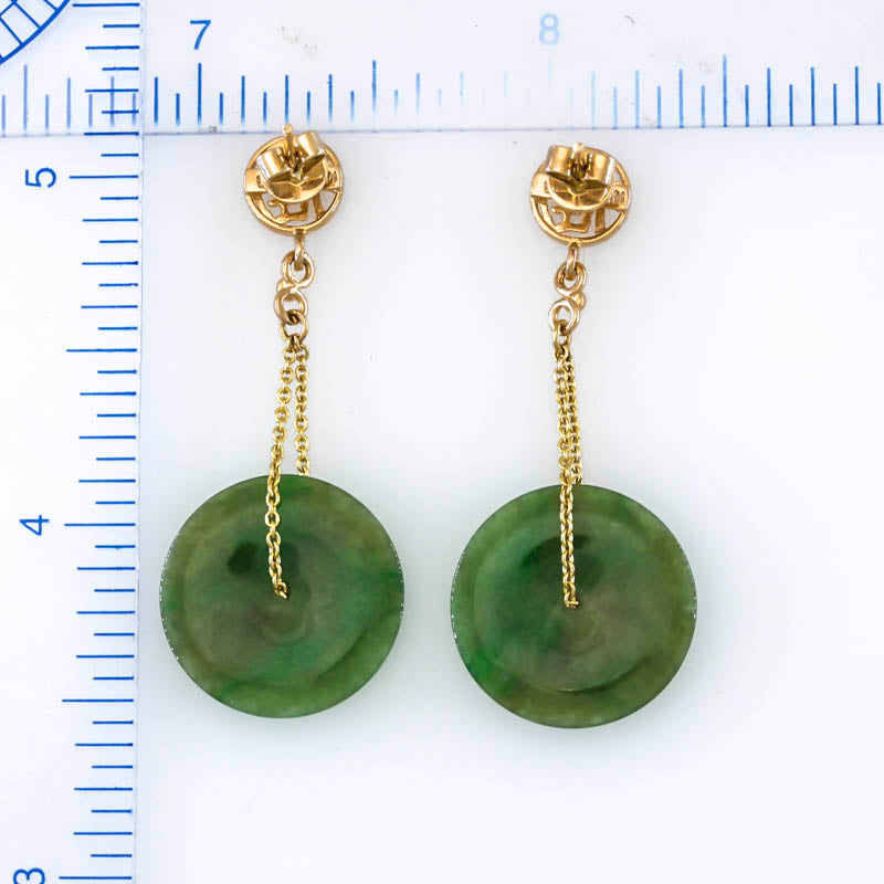 14K YELLOW GOLD GREEN JADEITE JADE DISC DROP EARRING UPC #395893