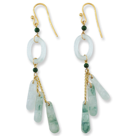 14K YELLOW GOLD WHITE JADEITE JADE CIRCLE & PEA POD TASSEL EARRING UPC #395985