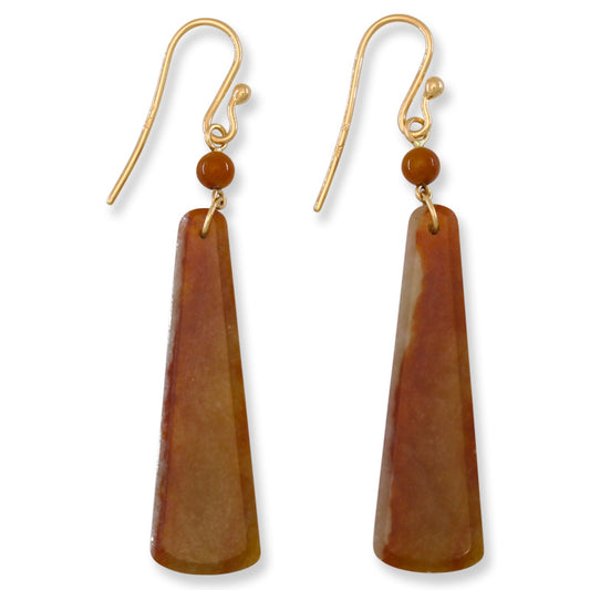 14K YELLOW GOLD RED JADEITE JADE FLAT COLUMN DROP EARRING UPC #396012