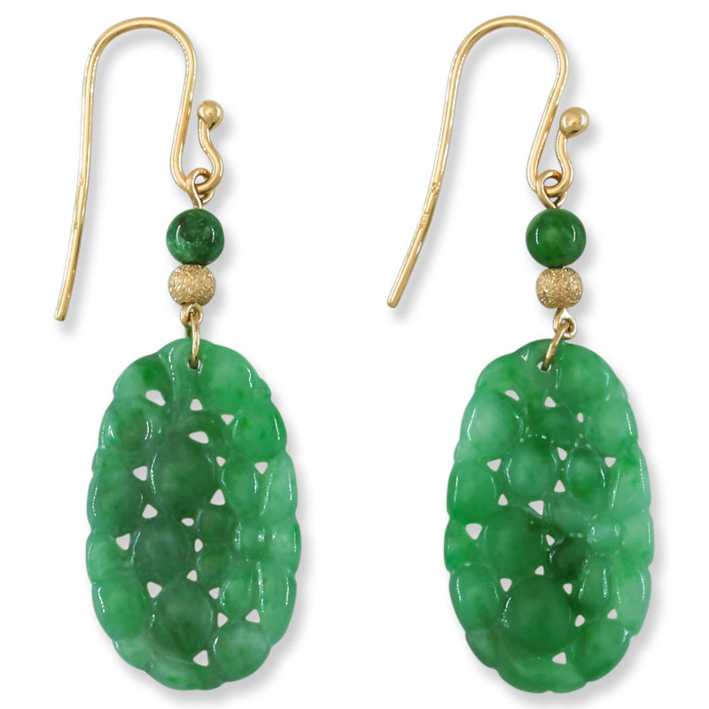 14K Yellow Gold Green Jadeite Jade Carved Drop Earrings | UPC #396074