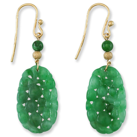 14K Yellow Gold Green Jadeite Jade Carved Drop Earrings | UPC #396074