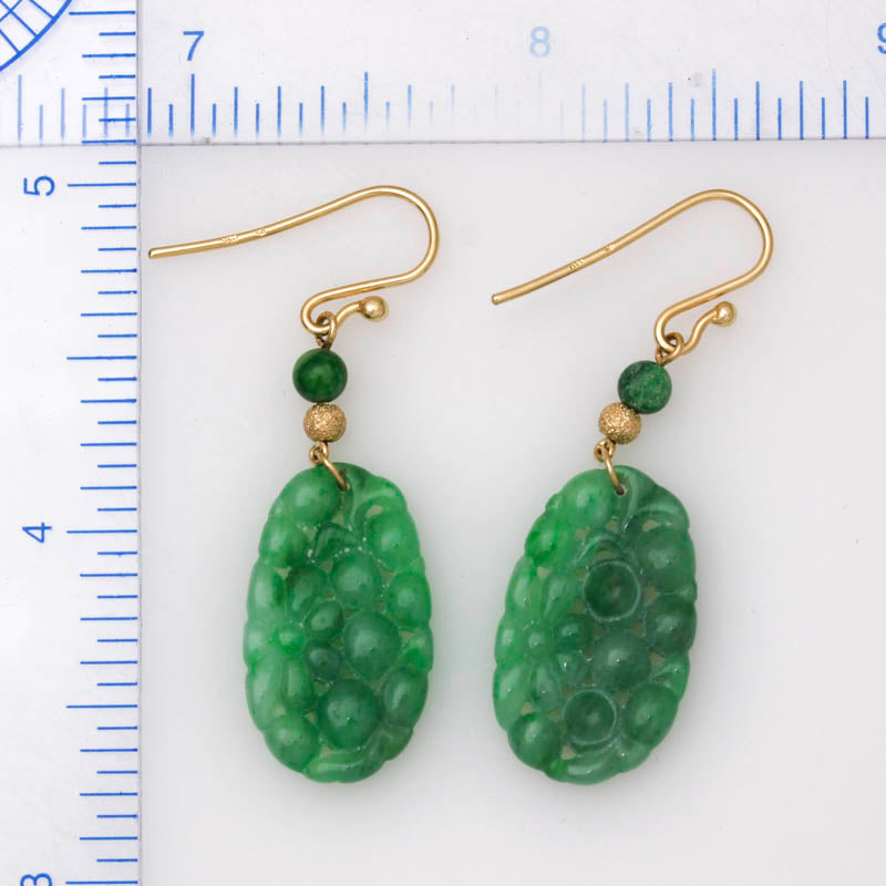 14K Yellow Gold Green Jadeite Jade Carved Drop Earrings | UPC #396074