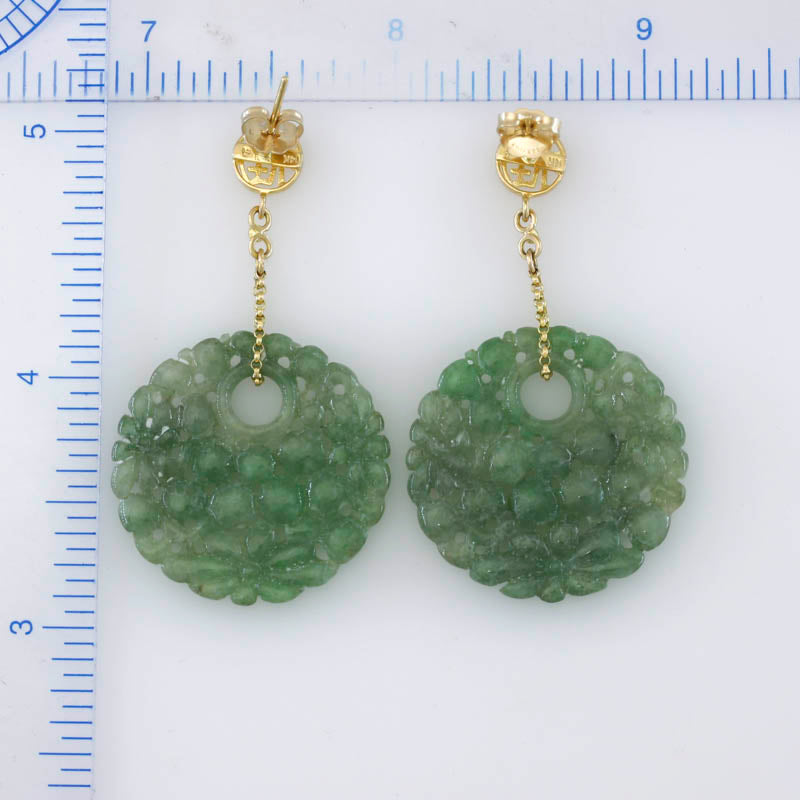 14K YELLOW GOLD GREEN JADEITE JADE CARVED CIRCLE DROP EARRING UPC #396180