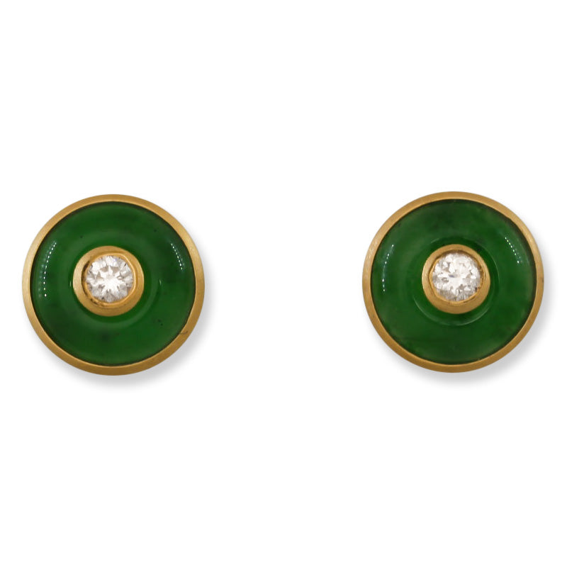 18K YELLOW GOLD GREEN JADEITE JADE & DIAMOND DISC EARRING UPC #396388