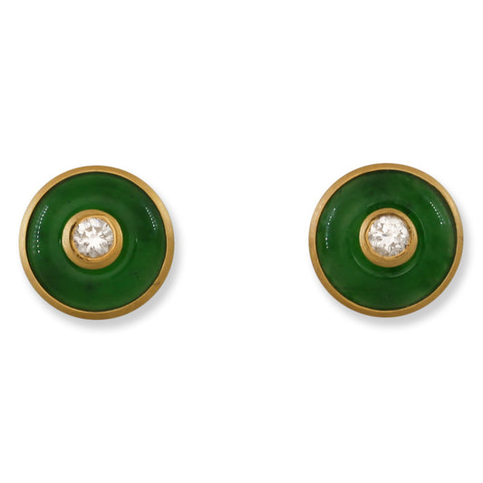 18K YELLOW GOLD GREEN JADEITE JADE & DIAMOND DISC EARRING UPC #396388