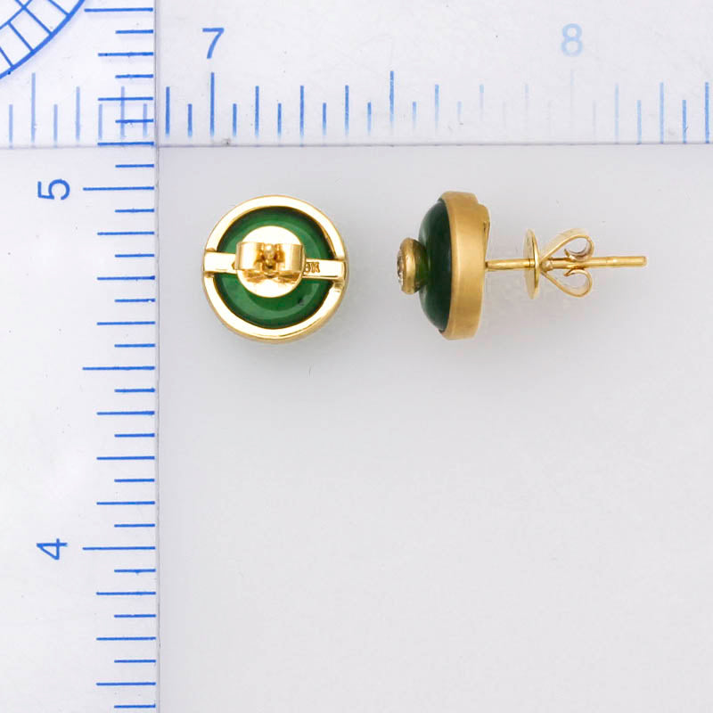 18K YELLOW GOLD GREEN JADEITE JADE & DIAMOND DISC EARRING UPC #396388