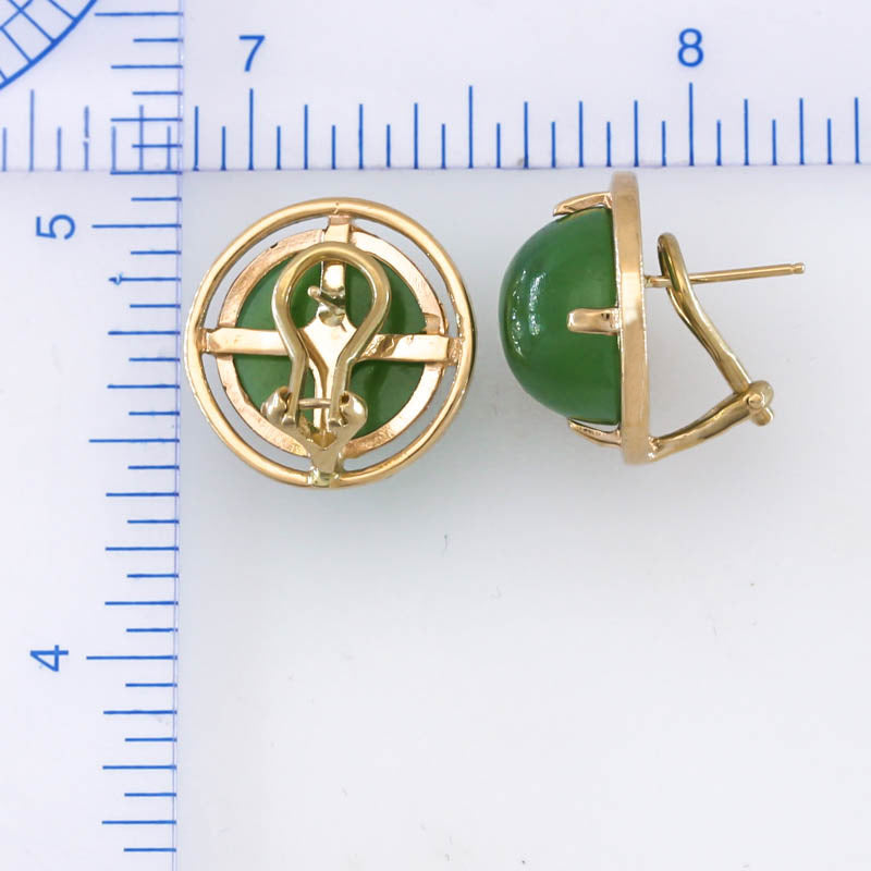 Vintage Green Nephrite Jade Round Stud Earrings in 14K Yellow Gold | UPC #400283