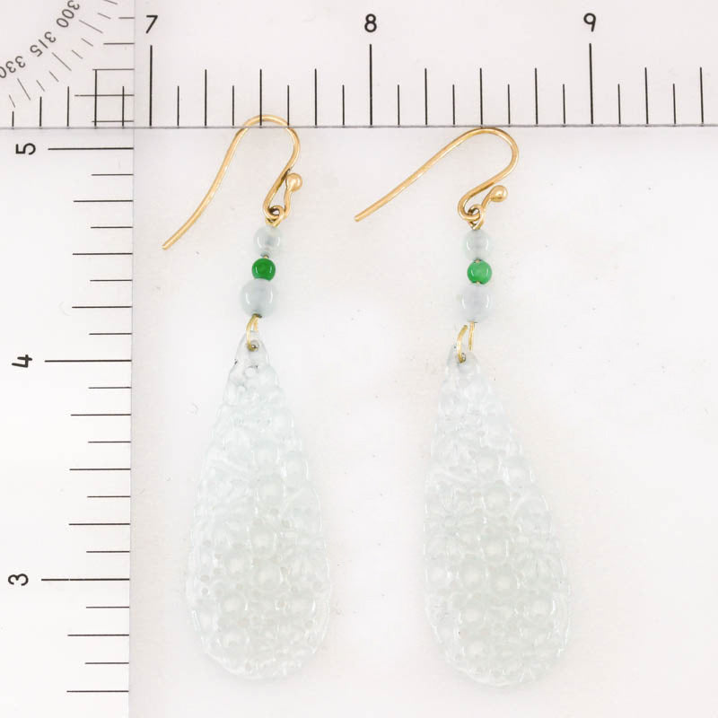 Ice Jadeite Jade Carved Drop 14K Yellow Gold Earrings | UPC #401556