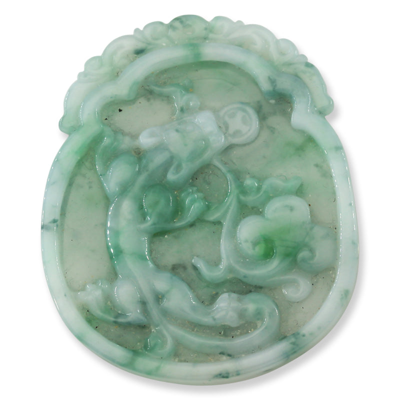 Loose Green Jadeite Jade Dragon Carving with Coin, Mushroom, and Bat | UPC #315051
